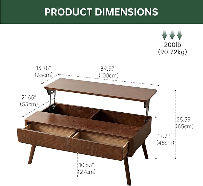 Lift Top Coffee Table, 100% Solid Oak Wood Walnut Coffee Table with Drawers and Hidden Compartments, Rectangular Coffee Tables with Storage for Living Room Home Decor (39.37" L x 21.65" W x 25.59" H)
