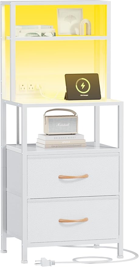 Furnulem Night Stand, Tall Bed Nightstand with 4-Tier Shelves, 2 PU Fabric Drawers and Light Tube, Bed Side Tables with Charging Station, Bedside Table for Bedroom, White