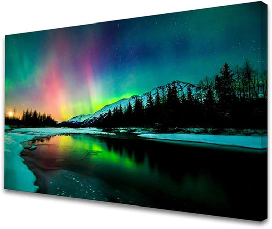 S01969 Wall Art HD Aurora Scenery Painting on Canvas Prints Stretched and Framed Pictures to Photo Ready to Hang for Home Decorations Office Wall Decor 24X36 inch