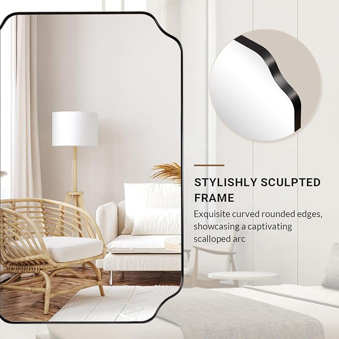 ANDY STAR 30x48 Inch Large Mirror, Matte Black Rectangle Mirror for Wall, Bathroom Mirror in Premium Stainless Steel Metal Thin Frame Deep 1’’, Unique Scalloped Edge, Hangs Vertically/Horizontally