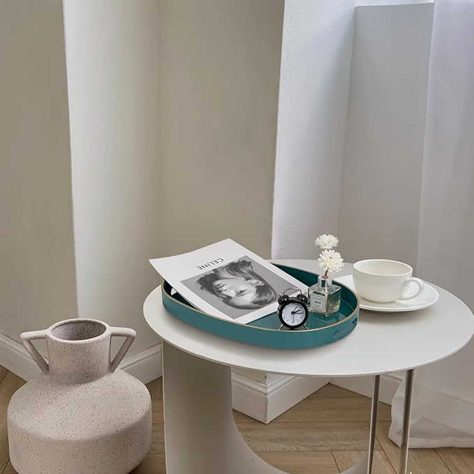 MAONAME Green Decorative Tray, Oval Serving Tray with Handles, Plastic Trays for Coffee Table, Ottoman Trays for Living Room, Bathroom, 15.6" X 10.6" X 1.4"