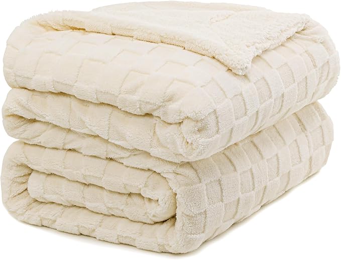 Pawque Super Soft Cozy Throw Blanket Queen Size for Couch Bed, Fluffy Sherpa Fleece Reversible Thick Warm Fuzzy Blanket for All-Season, 3D Checkered Jacquard Decorative Blankets, Cream White, 90"x90"