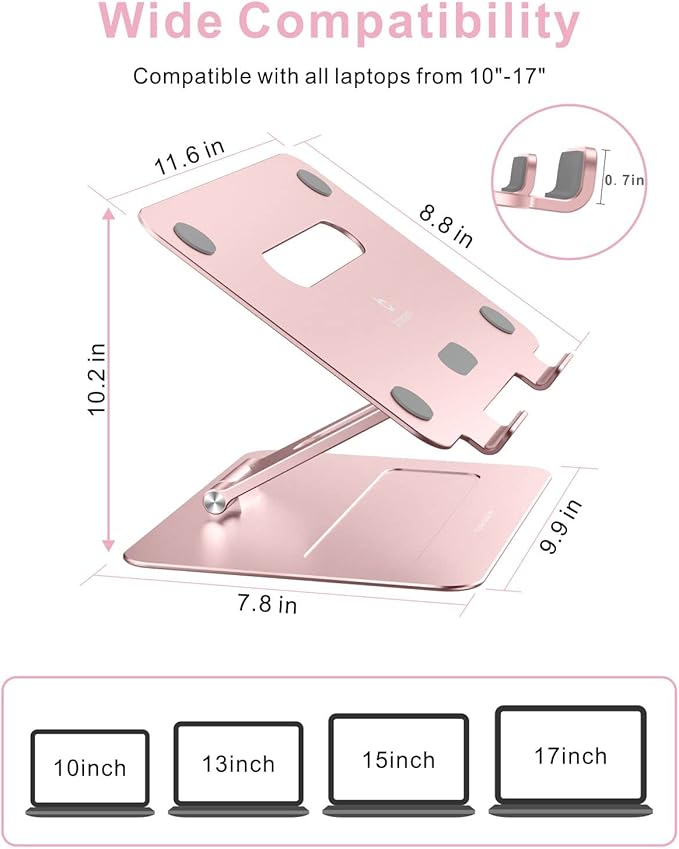Laptop Stand | Adjustable Aluminum MacBook Riser, Ergonomic Computer Stand with Heat Vent, Fits 10–17" Laptops, Rose Gold
