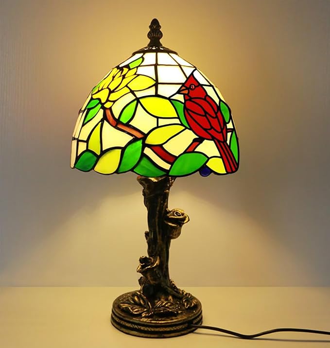 Tiffany Style Table Lamp Cardinal Stained Glass Lamp,8" Tiffany Lamp for Living Room Home,Bedroom Bedside Vintage Lamp for Office Dorm Bar Decor Gift,Included LED Bulb