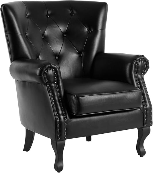 MOJAY PU Leather Accent Chair, Mid-Century Modern Armchair Living Room Club Chair with Tufted Button & Rivet Trim, Upholstered Sofa Chair with Sturdy Wood Legs for Bedroom (Black)