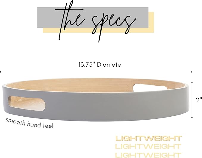 Spun Bamboo Round Wooden Tray, Gray, 13.75 Inches