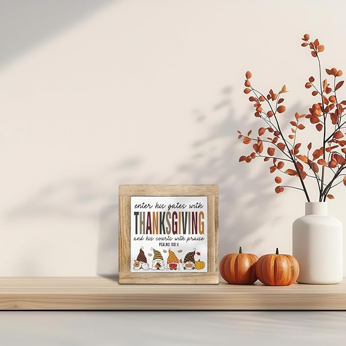 Thanksgiving Decoration, Enter His Gate with Thanksgiving Sign, Farmhouse Front Door Decor, Living Room Decors, Wooden Decorative Fall Sign, Housewarming Decors, Hostess Gift, 5.9X5.9X0.7inches