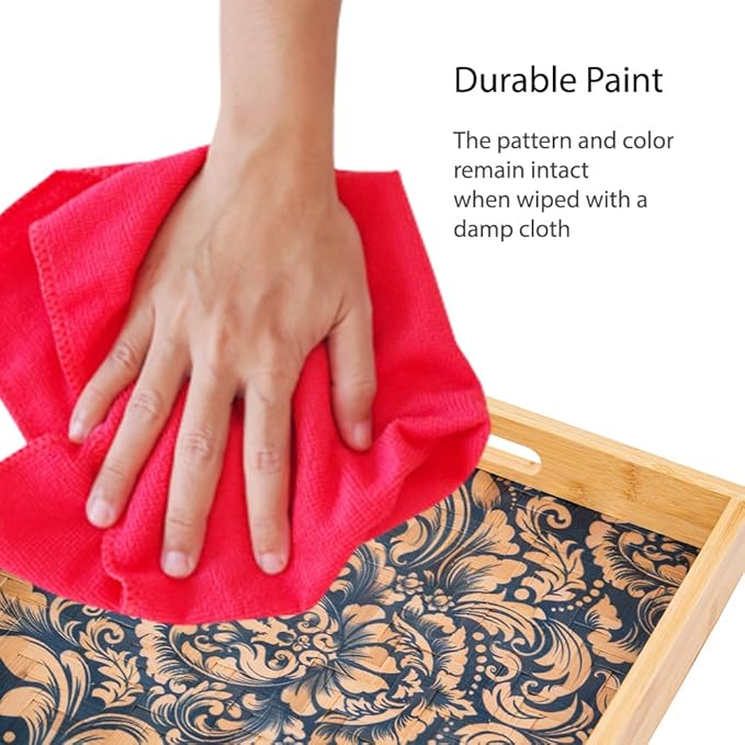 PEMAR 12.2" Square Bamboo Art Decor Tray with Handle, Food Drink Serving Tray for Breakfast Lap Bed Eating. Pattern Printed on Bamboo. Decorative Catchall Coffee Table Entryway Nightstand (Damask)