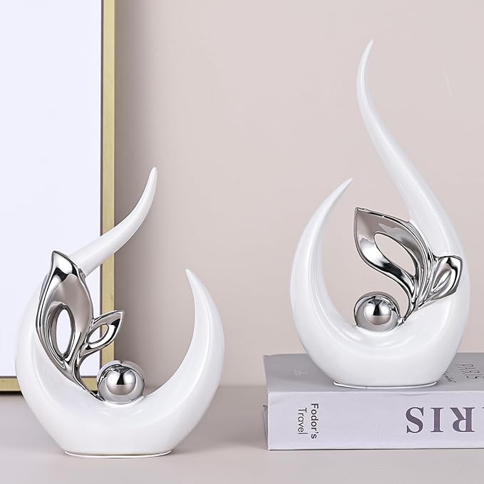 9.4" H White Silver Abstract Sculptures Home Decor, Ceramic Art Statue Cool Stuff to Put on Shelves&tv Stand Decor, Silver Accent Entertainment Center, for Fireplace Coffee Table Dining Table Decorate