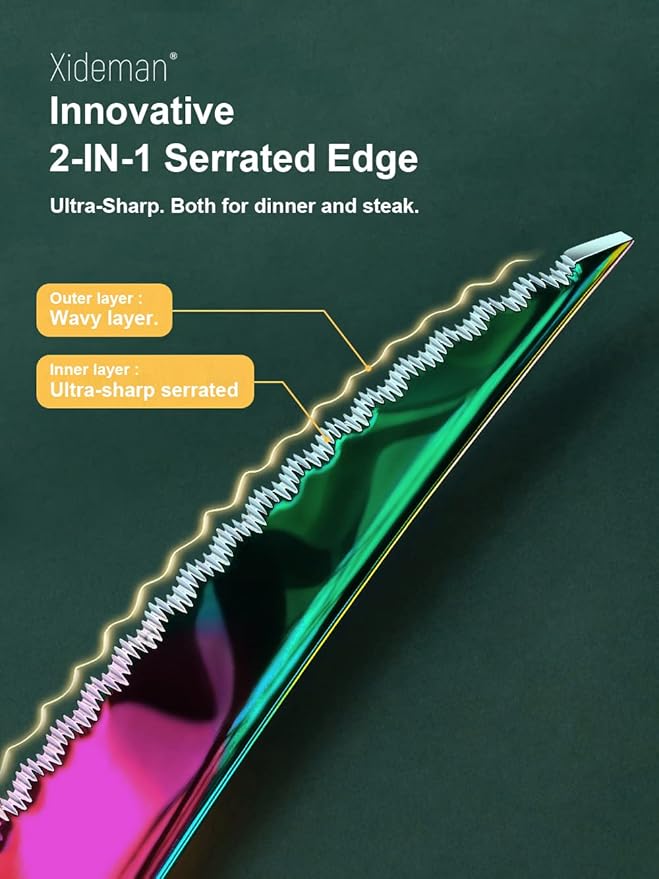 16-Piece Modern Hammered Rainbow Silverware Set with Ultra Sharp 2-IN-1 Serrated Knife, 18/10 Stainless Steel Iridescent Flatware Set Service for 4, Luxury Cutlery Set, Forks Spoons Knives Set