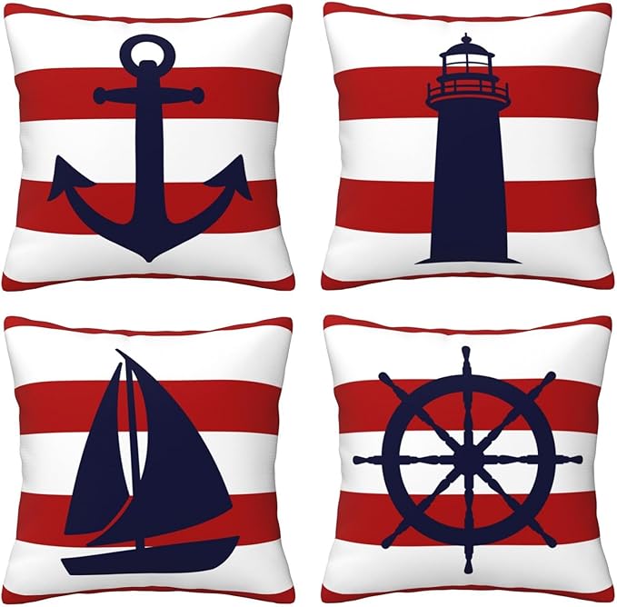 Set of 4 Summer Beach Throw Pillow Covers 18x18 Red and White Stripe Coastal Ocean Anchor Pillow Cover Couch Decorative Outdoor Square Pillow Cushion Cases for Living Room Sofa Bed Home Decor