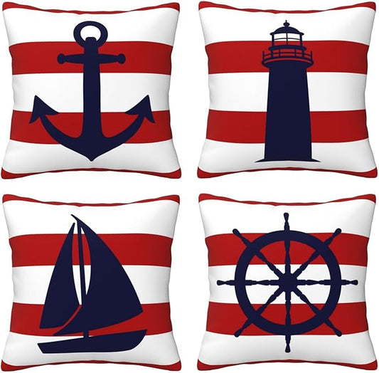 Set of 4 Summer Beach Throw Pillow Covers 18x18 Red and White Stripe Coastal Ocean Anchor Pillow Cover Couch Decorative Outdoor Square Pillow Cushion Cases for Living Room Sofa Bed Home Decor