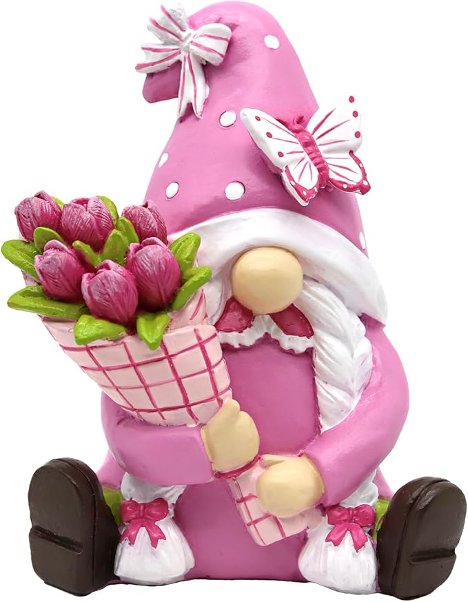 Spring Pink Gnome Figurine Decor- 5.7'' Waterproof Resin Summer Fairy Garden Statue Fall Decorations for Home - Summer & Retirement Gift for Women