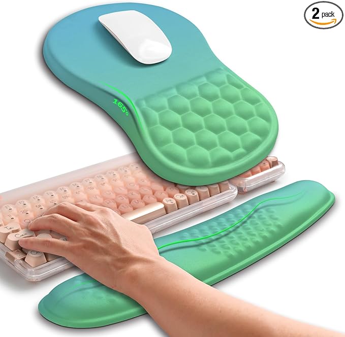Hokafenle 2in1 Combination, Wave Keyboard Wrist Rest and Ergonomic Curvature Mouse Pad Wrist Support for Relieve Wrist Pain, Filled with Soft Cushion Memory Foam, Gradient Green