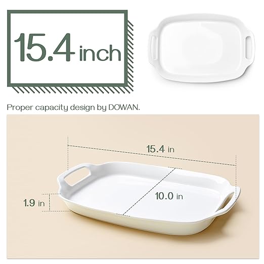 DOWAN Serving Tray with Handles, 15.4" Large Platters for Wedding Decor, Porcelain Serving Dish for Entertaining, White Plates for Salad Meat Fruit Dessert, Set of 2
