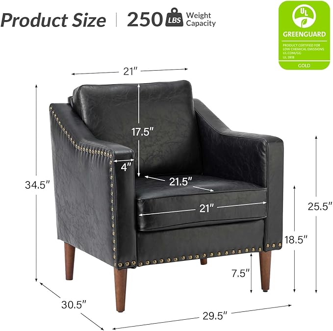 HULALA HOME Faux Leather Accent Armchair with Back & Seat Cushions, Traditional Club Chair with Nailhead Trim, Comfy Upholstered Sofa Chair for Bedroom & Living Room, Black
