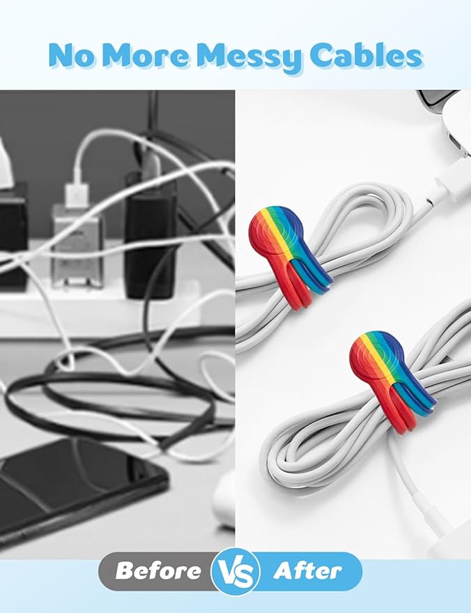 6 Packs Magnetic Cable Clips,Long Silicone Cable Straps, Reusable Cable Straps Wire Organizer,Rainbow Cable Management,Cord Organizer for Home Office Desk PC Accessories