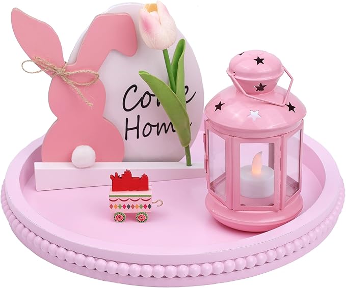 Pink Round Wood Decorative Ottoman Tray for Coffee Table Kitchen Counter, Living Room, Handcrafted Wooden Serving Tray for Table Centerpiece