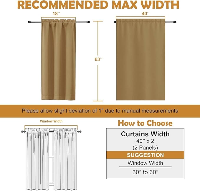 Aiyufeng Gold Blackout Curtains for Bedroom 63 Inch Length 2 Panels Set, Solid Thermal Insulated Energy Saving Rod Pocket Window Treatment Curtains Blackout Drapes, W40 x L63 Inch, Gold