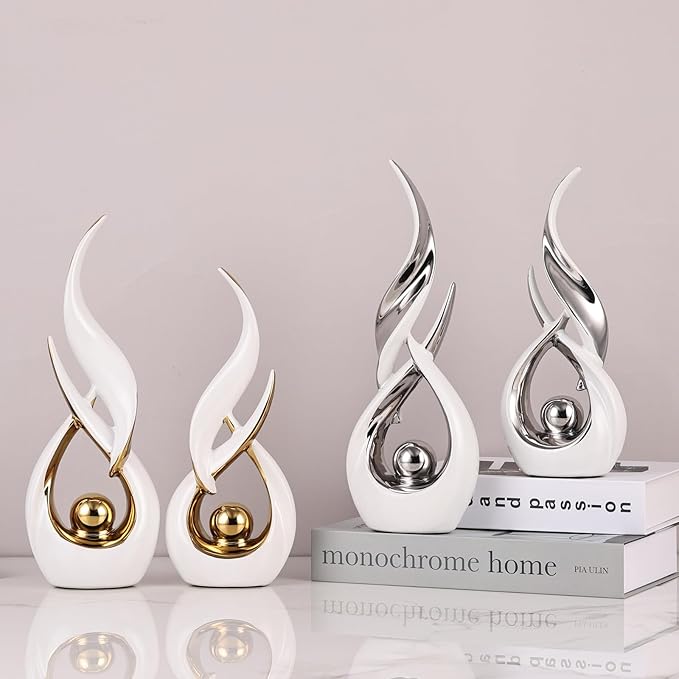 2 PCS White Silver Ceramic Statues For Home Decor Accents, Modern Abstract Art Sculptures, Elegant Tabletop Decorative Objects For Dining Room, Entryway, Tv Stand, Mantel, Coffee Table Centerpieces