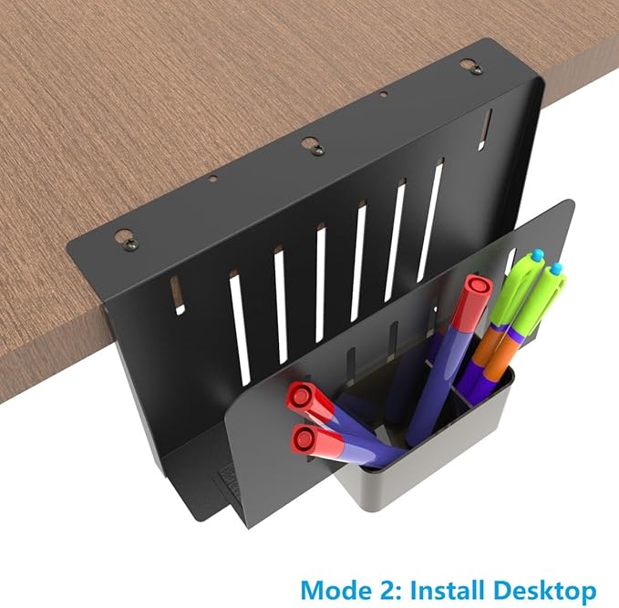 JINGCHENGMEI Desk Side Storage Organizer, Steel Under Desk Laptop Mount, Depth Adjustable Hanging File Organizer, Drilling Laptop Storage Holder with Magnetic Pen Holder for Office or Home