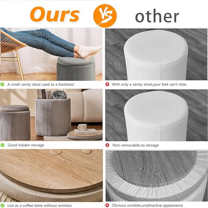 Round Set of 2 Ottoman with Storage-Upholstered Velvet Vanity Stool for Makeup Multifunctional Ottomans Coffee Table Padded Seat Foot Rest for Living Room&Bedroom (Ligth Grey)
