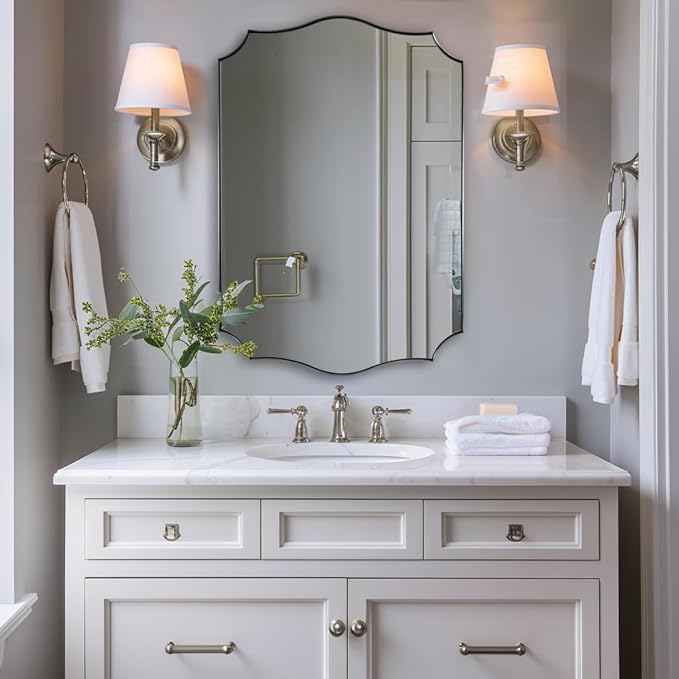 ANDY STAR Brushed Nickel Bathroom Mirror, 24x36’’ Silver Wavy Wall Mirror, Modern Bathroom Vanity Mirror HD Reflection, Anti-Rust Metal Frame Mirror for Bathroom Hangs Vertical or Horizontal