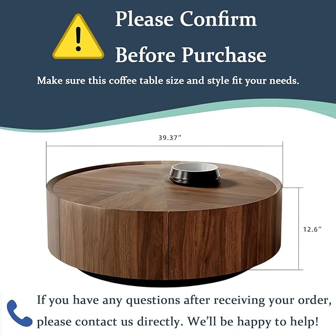 Luxury Solid Wood Coffee Table with Hidden Drawer, Fully Assembled Square Center Table for Living Room, Raised Edge Design, No Installation Needed, Premium Walnut Finish (39.37" Round Coffee Table)