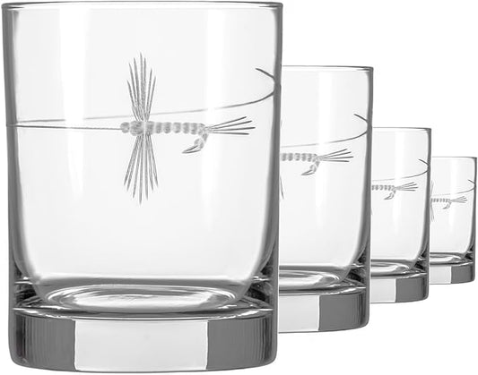 Rolf Glass Fly Fishing Double Old Fashioned Glass | 13oz Engraved Whiskey Tumblers | Set of 4 Lead-Free Crystal Glasses | Made in the US