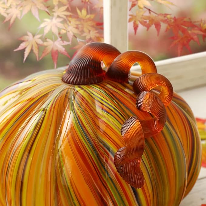 Glitzhome Hand Blown Rainbow Striped Glass Pumpkin Table Accent for Fall & Harvest Thanksgiving Decorating(6.5 Inch)