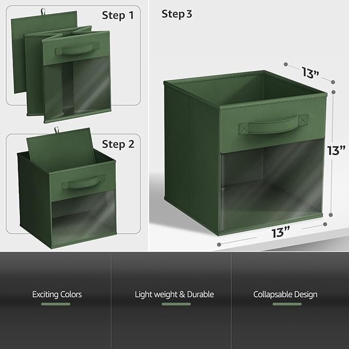 Sorbus 13 Inch Storage Bins with Clear Window - 6 Foldable Baskets for Organizing Clothes, Toys, Books - Sturdy Collapsible Fabric Storage Cubes with Handle - Storage Baskets for Shelves, Closets