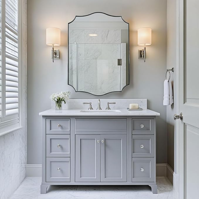 ANDY STAR Brushed Nickel Mirror, 24x32 Inch Unique Mirror for Bathroom, Silver Bathroom Vanity Mirror, Modern Curved Design, Rust-Proof Stainless Steel Metal Frame