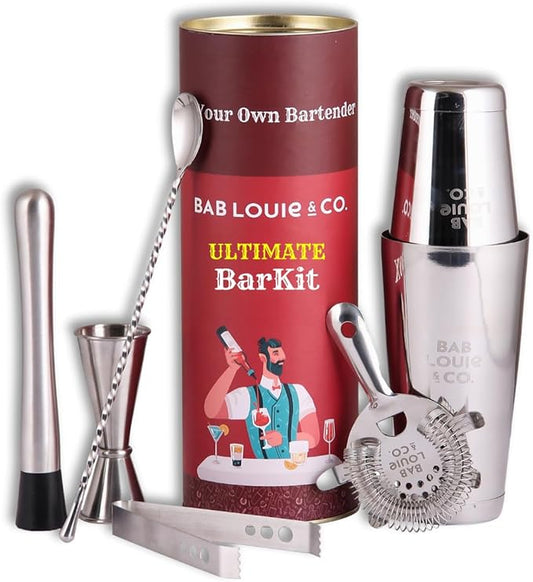 Bab Louie & Co. Bar & Cocktail Set, Ultimate BarKit, Cocktail Shaker Sets for Drink Mix, Set of 6 Stainless Steel & Anti Rust Bar Accessories, BarKit for Gift, Best Gifts for Bartender