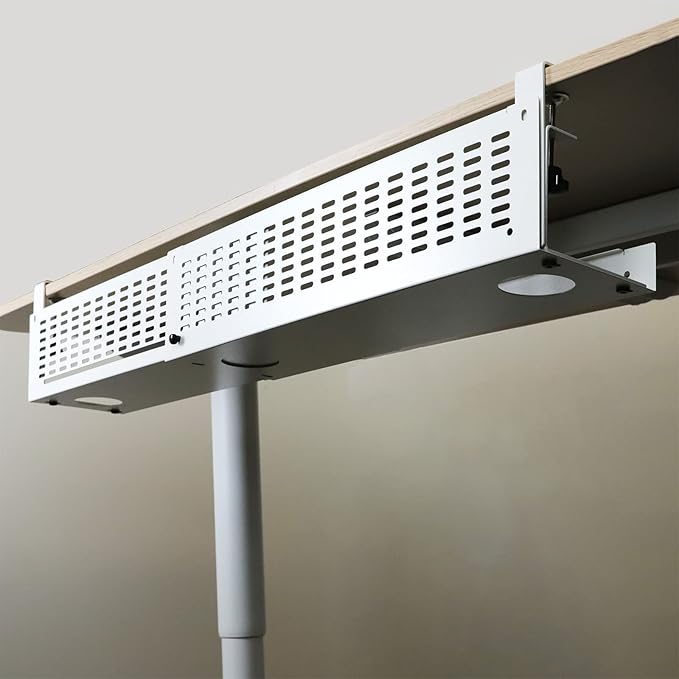 AEONS Under Desk Cable Management Tray Kit - Horizontal Adjustable up tp 41” Desk Organizer Removable C Clamp Mount Reversiable Computer Cord Raceway and Modesty Panel for Large Table, White/Beige