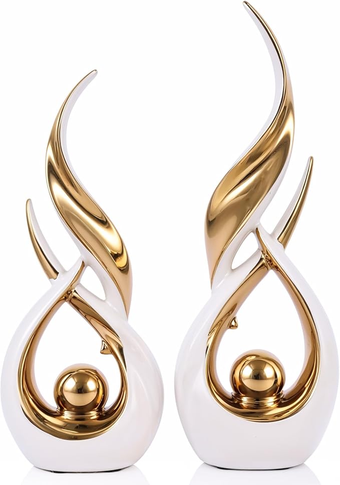 2 PCS White Gold Ceramic Statues For Home Decor Accents, Modern Abstract Art Sculptures, Elegant Tabletop Decorative Objects For Dining Room, Entryway, Tv Stand, Mantel, Coffee Table Centerpieces