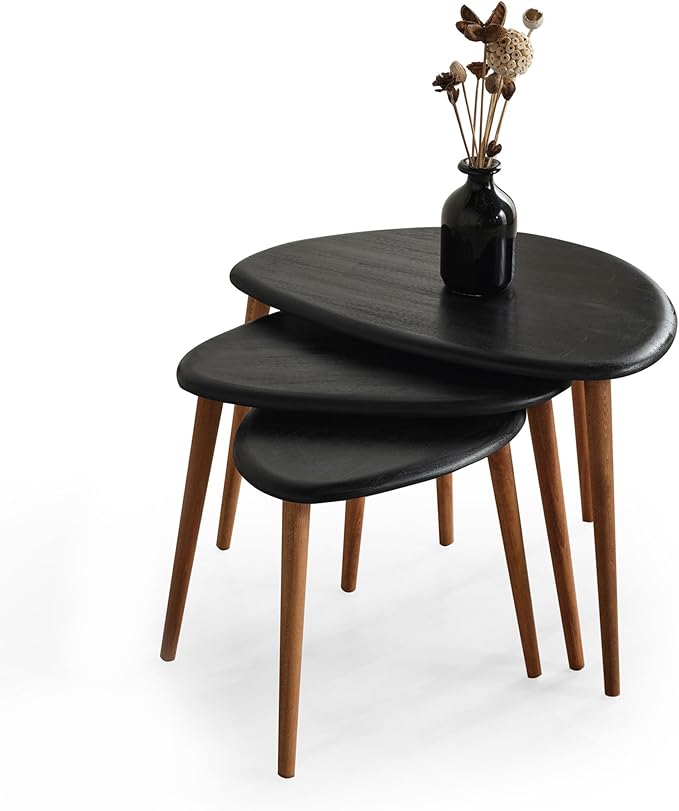 Solid Wood Nesting Coffee Table Set of 3 - Mid Century Modern Pebble Tables with Tapered Legs – Wooden Home Furniture in a Retro Style (Black)