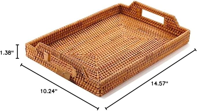 Hand-Woven Rattan Serving Tray with Handles for Breakfast, Drinks, Snack for Dining/Coffee Table (14.5 inch (37 cm), Rectangular)