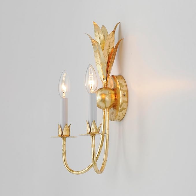 Maxim Lighting Paloma 2-Light Wall Sconce | Gold Leaf Finish | Biophilic Design with Iron Feather Plumes & Floral Bobeches | E12 Candelabra Base | Dimmable | Damp Rated | Model 2881GL