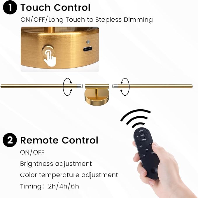 Battery Operated Wall Sconces Set of 2, 360°Rotation Wireless Rechargeable Wall Lights: Dimmable Detachable Wall Lamp with Remote Control, 3000K-6000K Infinite Dimming Wall Sconce 34.7 Inch