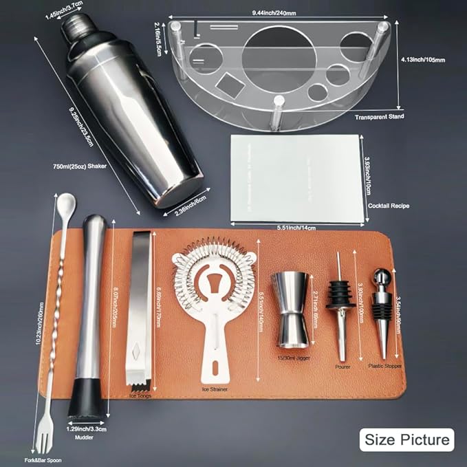 9Pcs/Set Cocktail Shaker Set with Stand, 750ml (25oz) Cocktail Shaker Bartender Kit: Bar Tool Set, Drink Mixing Includes Shakers Strainer Jigger Bar Mixer Spoon Muddler Pourer Bottle Stopper (Silver)
