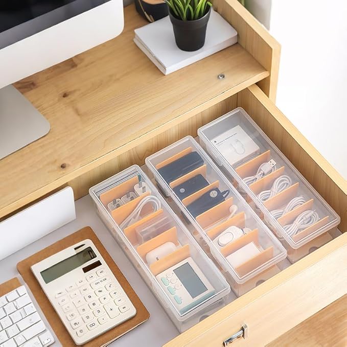 Clear Cable Organizer Box with 10 Reusable Cable Ties, Cord Management Case for Phone Chargers, Wires, Electronics. Desk Drawer Storage Organizer for Home, Office.