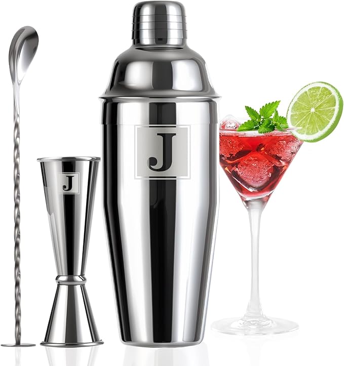 24oz Cocktail Shaker Set with 1 oz 2oz Jigger - Monogramm Initials Martini Shaker Set - 304 Stainless Steel Bar Shaker for Margarita,Mojito-Personalized Gift for Friend,Husband-J