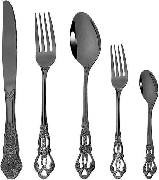 Elegant Black Silverware Set with Steak Knives 30 Piece Flatware Sets for 6 Tableware Utensils, 18/10 Stainless Steel Cutlery Set Include Knifes Forks Spoons, Mirror Polished, Dishwasher Safe