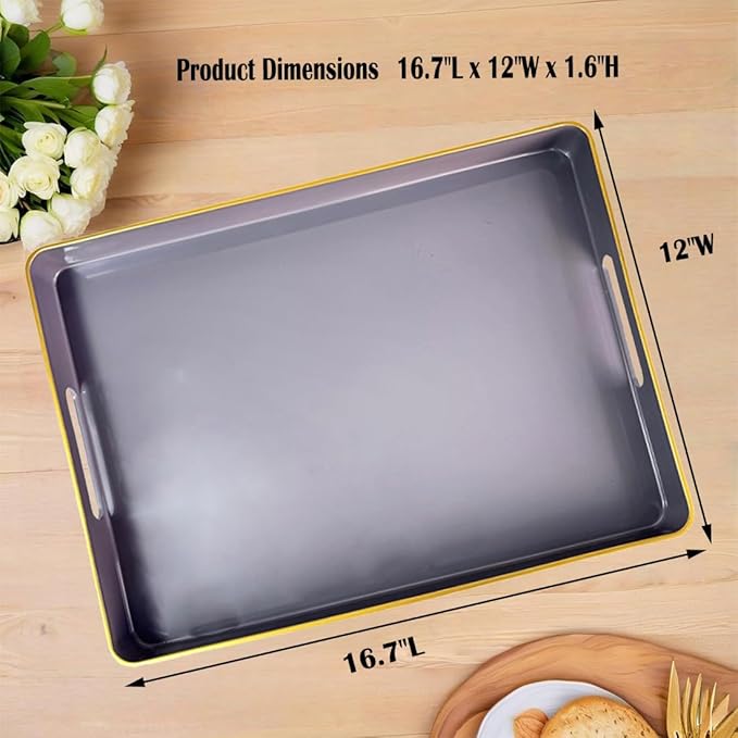 Large Grey Coffee Table Tray, Decorative Serving Tray with Handles, Plastic Rectangular Tray for Ottoman, Bathroom, Living Room. 16.7"*12"*1.6"