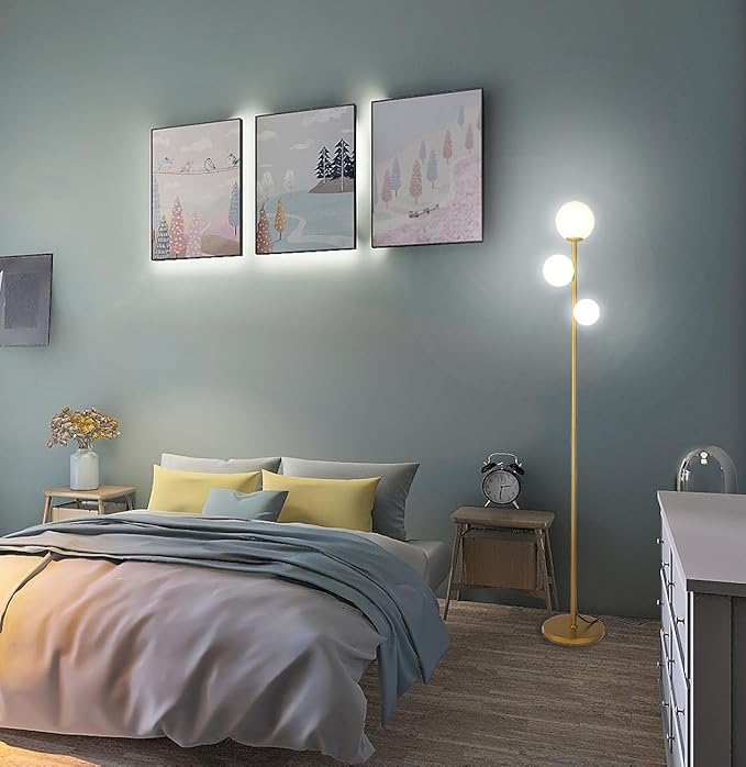 Fiqevs 3 Globe Mid Century Modern Floor Lamp for Living Room, Gold Standing Lamp with Frosted Glass Shade and 3x2700K Warm LED Bulbs, Vintage Retro Tall Lamps for Bedrooms, Office - Antique Brass