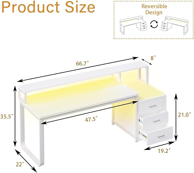 HOMBCK 67" Computer Desk with 3 Drawers, Home Office Desk with Long Monitor Stand and Printer Space, Office Desk with Storage & LED Lights, Writing Desk with Drawers, White