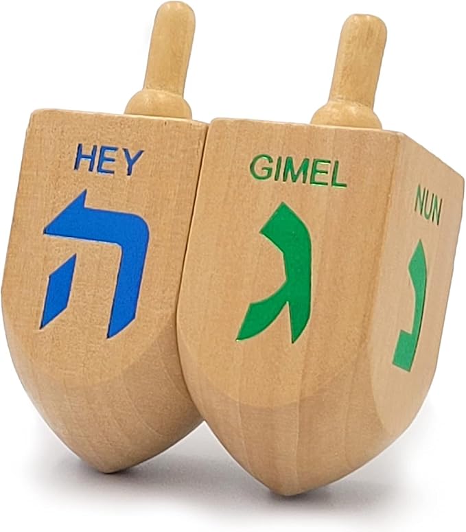 Hanukkah Extra Large Wooden Dreidels Hand Painted, Includes Game Instruction Cards (2-Pack XL)