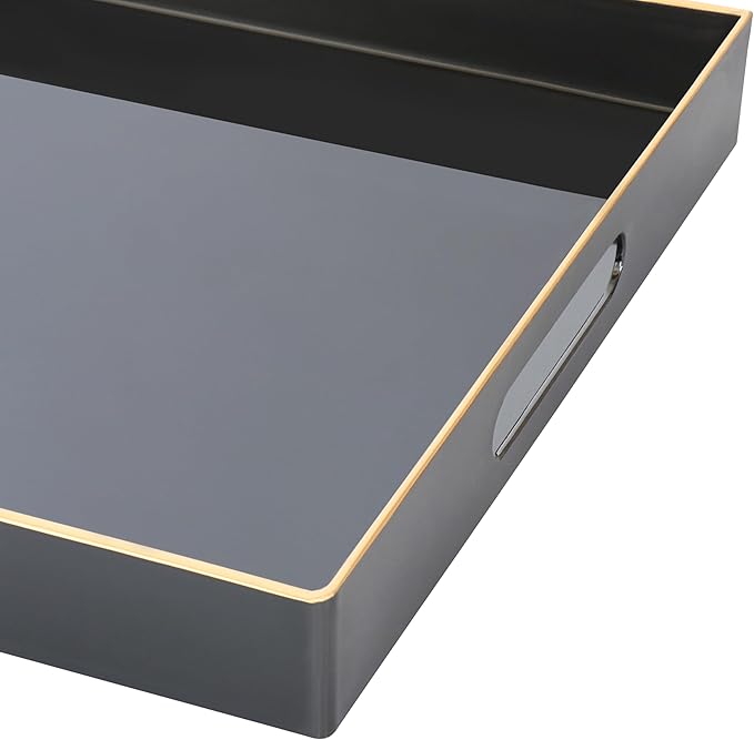 Black Sturdy Acrylic Serving Tray with Handles-15.7x11.8Inch, Morden Plastic Rectangular Serving Tray for Coffee Table Bathroom, Ottoman, Home Decor