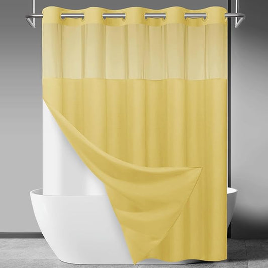 No Hook Slub Textured Shower Curtain with Snap in Liner - Yellow Fabric Outer Curtain & Waterproof Inner Liner, Hotel Style with See Through Top Window, 71x74 in