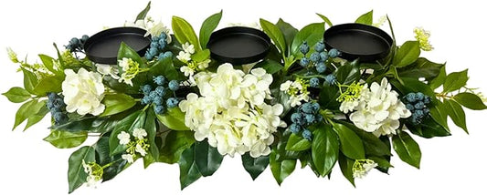All Season Candle Holder Centerpiece for Table with Artificial Blueberry,White Hydrangea and Eucalyptus Leaf for Table Centerpiece Decor,Dining Room,Party Home Decor